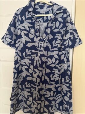 Chico's Navy Blue and White Leaf-Print Midi Dress
